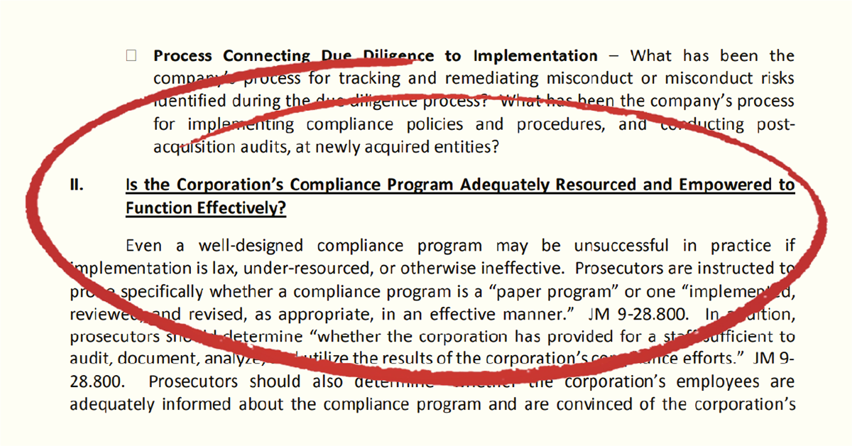 The Department Of Justice’s Evaluation of Corporate Compliance Programs