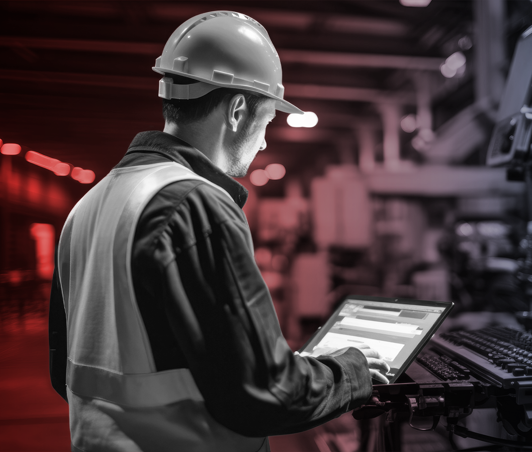 Manufacturing Stacked Cards Man With Computer And Hard Hat